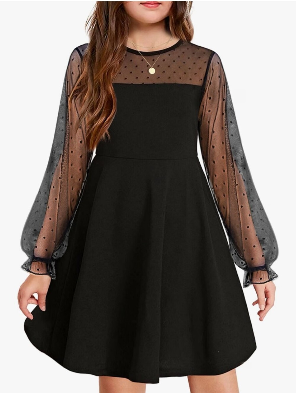 Black Mesh Yoke Fit-and-Flare Dress